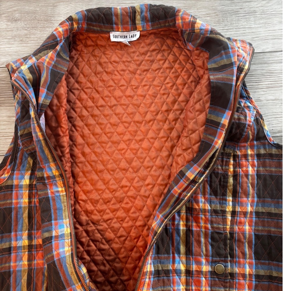 Southern Lady Womens 3X Quilted Plaid Vest Orange Blue Full Zip Pockets 0068W - Picture 4 of 7
